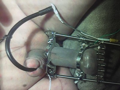 Nice bit of cbt with e-stim on the stretcher and the sound going down my cock.