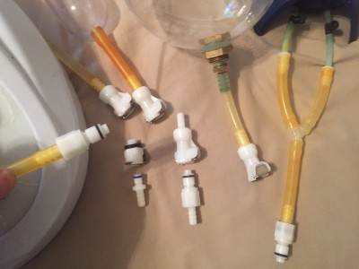 1/4 hose barb fittings.  Tiny fittings are Leluv or equivalent.