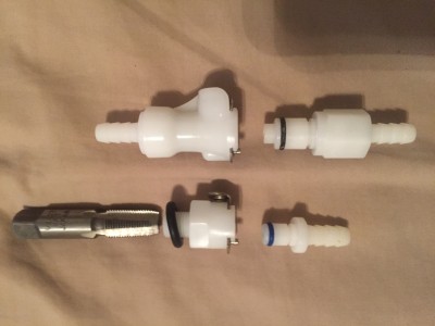 1/8NPT tap. Leluv fittings, note small QC section. Generic fittings.  All barbs are for 1/4 hose.